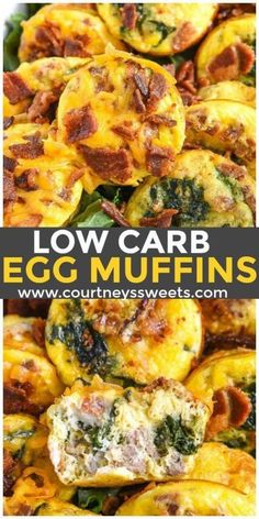 low carb egg muffins with bacon and spinach on top are shown