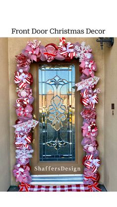 the front door is decorated with red, white and silver ribbon wreaths that read shaffersdesign