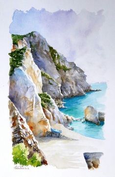 a watercolor painting of a beach with rocks and the ocean in the foreground