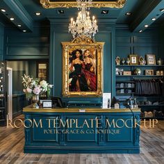 the front desk of room template mockup with an ornate painting hanging on the wall