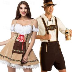 Couples Oktoberfest Beer Costume Dress Dirndl Trachtenkleider Lederhosen Maid Oktoberfest Couple German Munich Wiesn Men's Women's Traditional Style Cloth Halloween Carnival 2024 - $28.59 Tavern Bartender, Waitress Outfit, Oktoberfest Outfits, Halloween Parejas, Oktoberfest Costume, Beer Outfit, Oktoberfest Outfit, Carnival Festival, Dirndl Dress