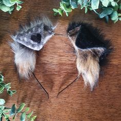 two furry animal ears laying on top of a wooden table