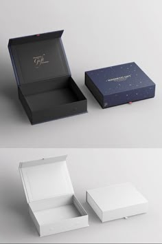 two open boxes sitting next to each other on top of a white table with gold lettering