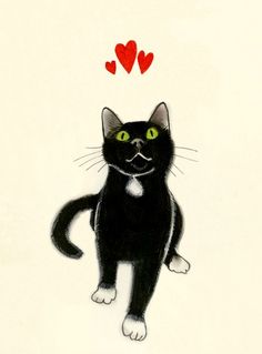 a drawing of a black cat with green eyes and red hearts above it's head