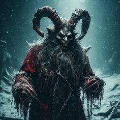 a man with horns and chains in the snow