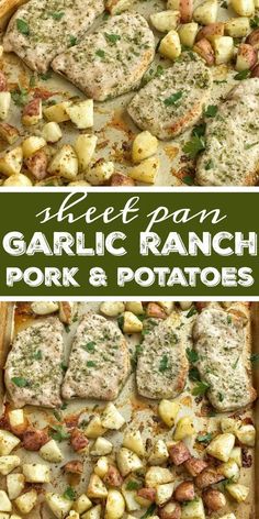 garlic ranch pork and potatoes on a baking sheet with text overlay that reads see pan garlic ranch pork and potatoes