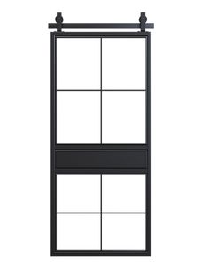 a black window with four panes on the top and bottom, in front of a white background