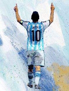 a painting of a soccer player with his arms in the air