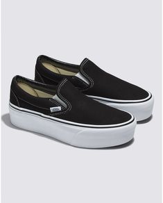 Vans Classic Slip-On Stackform Sneaker in Black/True White Outfits With Vans Slip Ons, Vans Platform Slip On, Platform Aesthetic, Black Slip On Vans Outfit, Platforms Aesthetic, Vans Slip On Black, Wall Style, Cute Vans, Platform Shoe