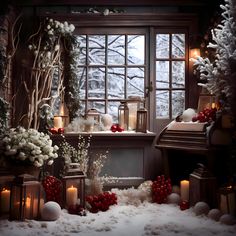 a room filled with lots of snow covered furniture and christmas decorations on the windowsill