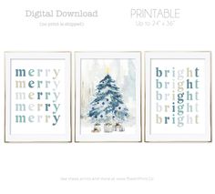 three framed christmas cards with the words merry, bright and bright in blue on them