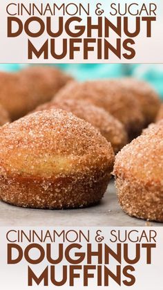 cinnamon and sugar doughnut muffins on a baking sheet with text overlay