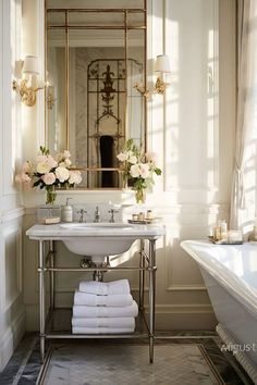 a white sink sitting under a mirror next to a bath tub filled with lots of towels