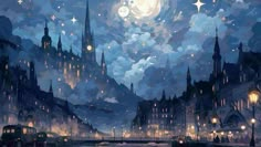 a painting of a city at night with the moon in the sky and stars above it