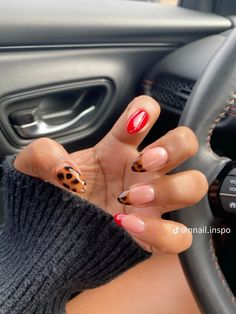 Cute Fall Nails With Design, Short Nails Art Simple, Cute Neutral Fall Nails, Red French Tip Halloween Nails, Cute Preppy Nails French Tip, Red And Lepord Nails Acrylic, Nails Acrylic Vegas, Trendy Almond Nails Fall, Red Nails And Cheetah Print