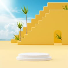 a white round object sitting on top of a sandy beach next to stairs and palm trees