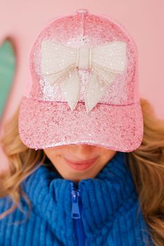 BOW PINK GLITTER TRUCKER HAT (PRE-ORDER) HAT Judith March Red Sequin Skirt, Baby Christmas Sweater, Black Sequin Jacket, Bow Season, Beaded Bow, Black Sequin Skirt, Fuzzy Pullover, Reindeer And Sleigh, Red Beanie