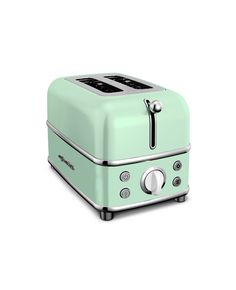 a green toaster sitting on top of a white table