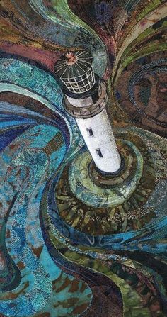 an artistic painting with a lighthouse in the middle of waves and swirls on it