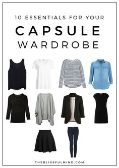 capsule wardrobe with the words 10 essentials for your capsule wardrobe in black, white and blue