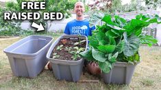 a man is standing next to three plastic containers with plants in them and the words free raised bed above it