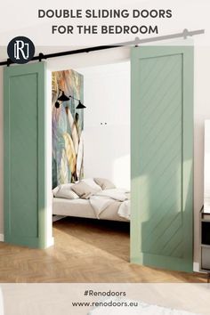 an open door leading to a bedroom with white walls and wood floors, in front of a bed