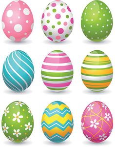 a bunch of different colored easter eggs on a white background