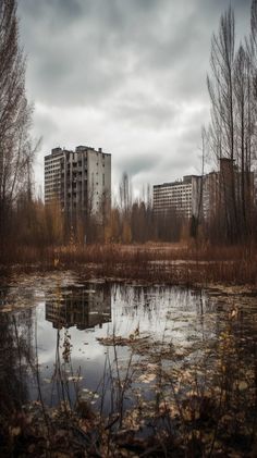 an abandoned building is reflected in the still waters of a swampy pond on a cloudy day