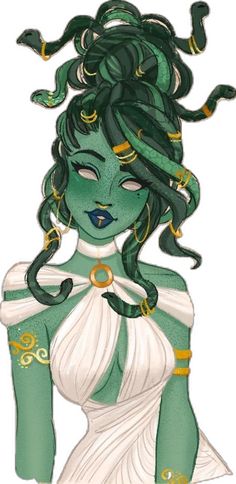 a drawing of a woman with green hair and snakes on her head, wearing a white dress