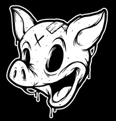 a black and white drawing of a pig with dripping paint on it's face