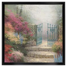 a painting of a garden with flowers and gate