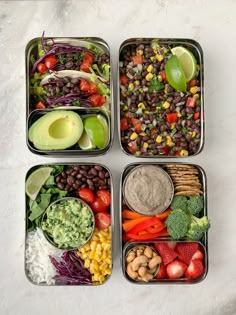 four trays filled with different types of vegetables and fruits, including beans, avocado