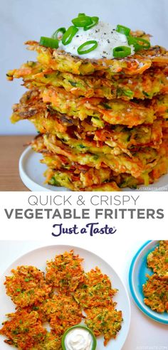 a stack of veggie fritters next to a plate with ranch dressing