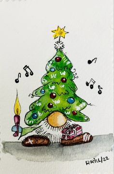 a drawing of a christmas tree with music notes around it and a lit candle on the ground