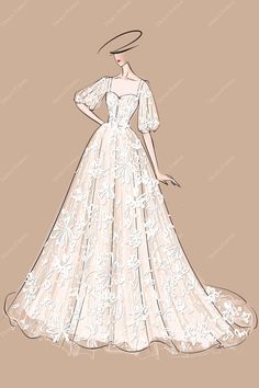 square neck wedding dress sketch Disney Princess Dress Drawing, Fashion Illustration Wedding Dress, Puffy Dress Drawing, Disney Princess Dresses Drawings, Princess Dress Drawing, Wedding Dress Sketch, Square Neck Wedding Dress, Disney Princess Dress, Fashion Croquis