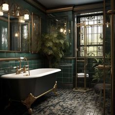 an old fashioned bathtub in a green tiled bathroom with potted plants and gold fixtures