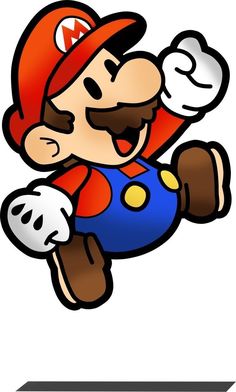 an image of mario running with his hands in the air and pointing to something behind him