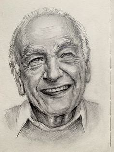 a pencil drawing of an older man with a smile on it's face and chest