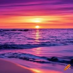 the sun is setting over the ocean with purple and orange colors in the sky above it