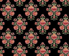 a black background with red flowers and green leaves on the bottom right corner is an ornate design