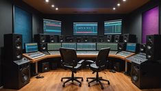 a recording studio with multiple monitors and chairs