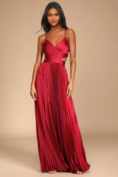 Got the Glam Wine Red Pleated Cutout Maxi Dress Red Dress For Bridesmaid, Red Velvet Formal Dress, Pleated Formal Dress, Satin Maxi Dresses, Formal Wedding Guest Dress Classy, Dresses For A Gala, Red Formal Dresses Long, Make Your Own Prom Dress, Pleated Dress Formal