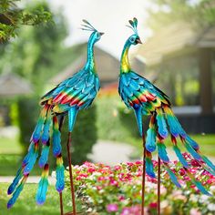 two colorful peacocks standing on top of wooden sticks in front of flowers and trees