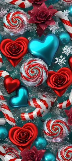 many candy canes and heart shaped lollipops are on display