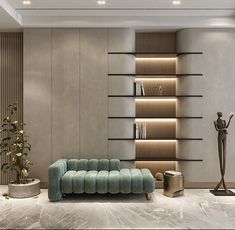 a living room filled with furniture and a tall book shelf next to a vase on top of a table