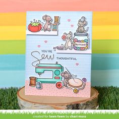 a handmade card with the words you're wonderful on it and an image of a sewing machine