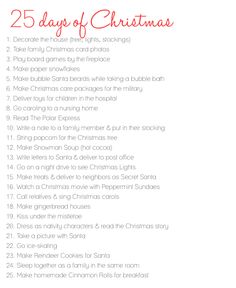 the 25 days of christmas list is shown in red, white and green with text overlay