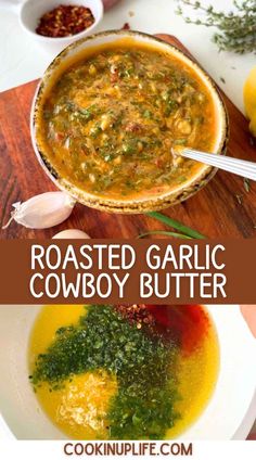 roasted garlic and cowboy butter soup in a bowl