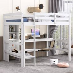 a white bunk bed with desk underneath it