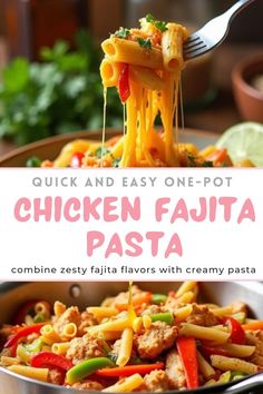 chicken fajita pasta in a skillet with a fork